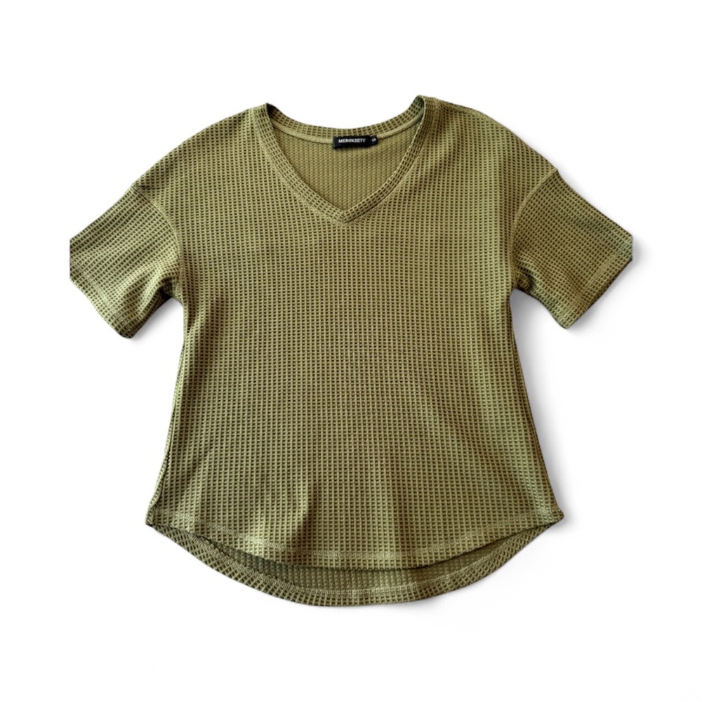 Merokeety Women's Small V-Neck Waffle Knit Top - Olive Green